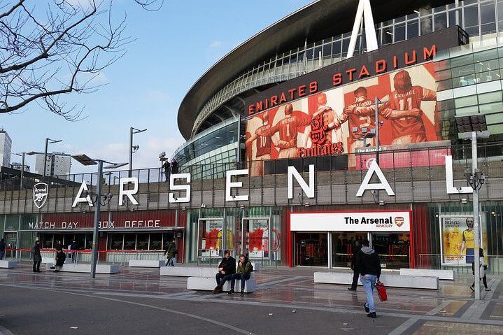 View of Emirates Arsenal FC stadium from outside, with box office and merch shop in view