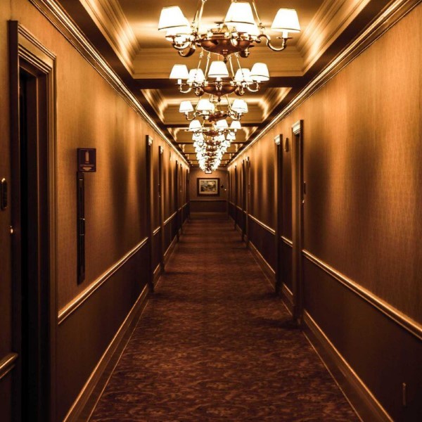 View down hotel corridor
