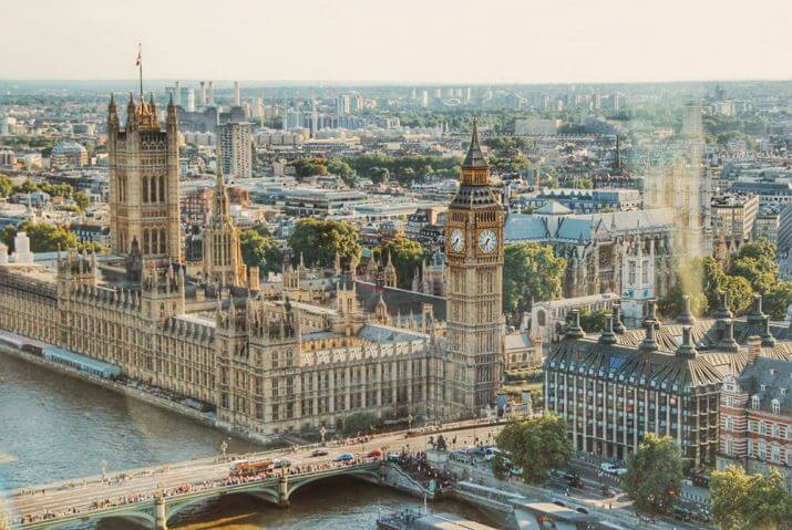 Overhead view of Houses of Parliament and Big Ben with skyline of London in background